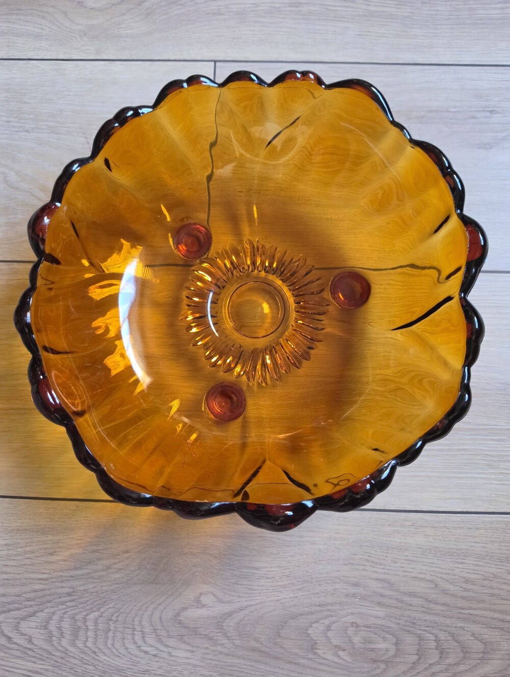 Vintage Indiana Glass Amber Honey Sunflower Footed Centerpiece Bowl